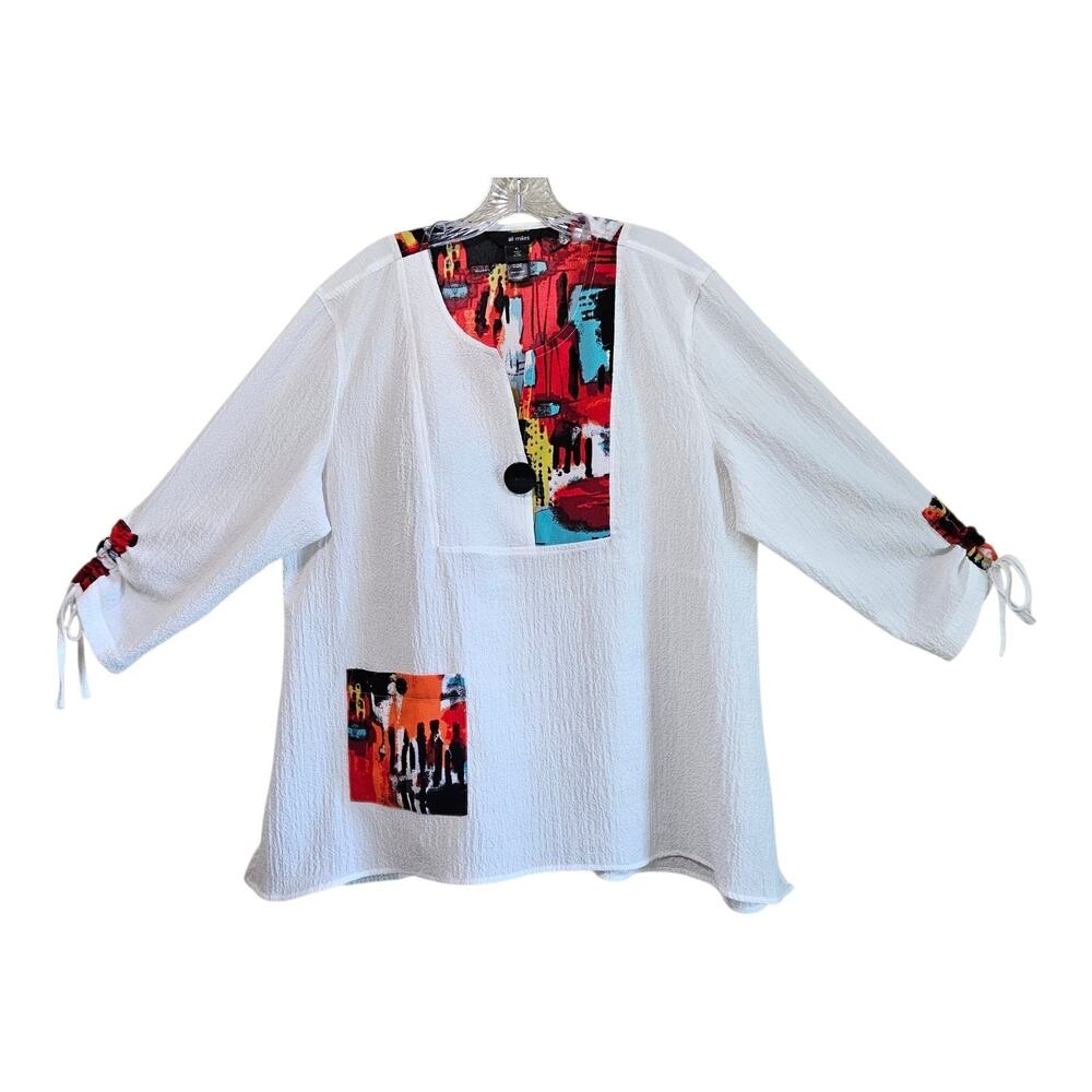 ALI MILES Women's XL Tunic Blouse Textured Bohemian Artsy 3/4 Tie Sleeve 48"